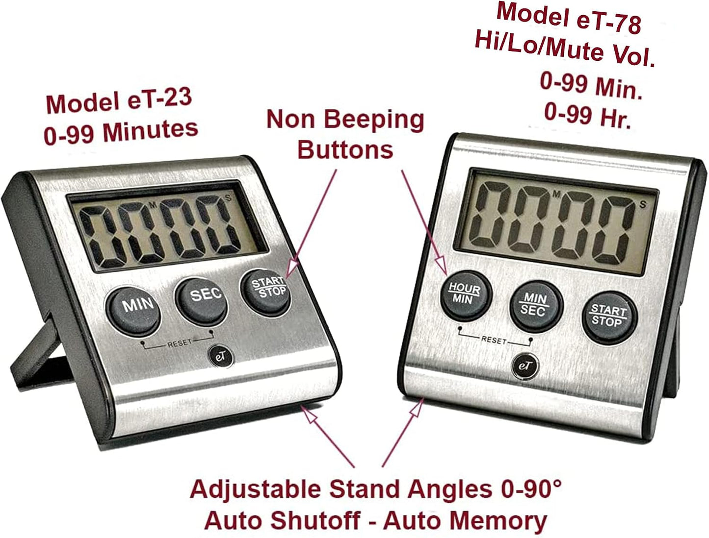 Elegant Digital Kitchen Timer, Stainless Steel Model eT-23, Super Strong Magnetic Back, Loud Alarm, Large Display, Auto Memory, Auto Shut-Off by eTradewinds