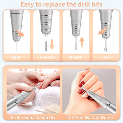 MOCOWIND Portable Nail Drill Professional 35000 RPM, Rechargeable Electric Nail File Machine Cordless E-File for Acrylic Gel Polishing Removing with Bits Kit for Manicure Salon Home, Pink