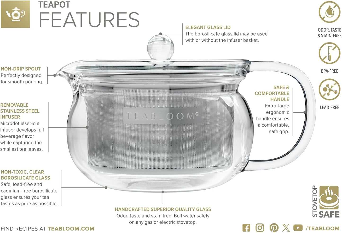 Teabloom Kyoto 2-in-1 Tea Kettle and Tea Maker – Glass Teapot with Removable Loose Tea Infuser – Tea Connoisseur's Choice