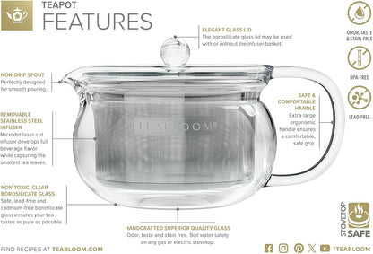 Teabloom Kyoto 2-in-1 Tea Kettle and Tea Maker – Glass Teapot with Removable Loose Tea Infuser – Tea Connoisseur's Choice