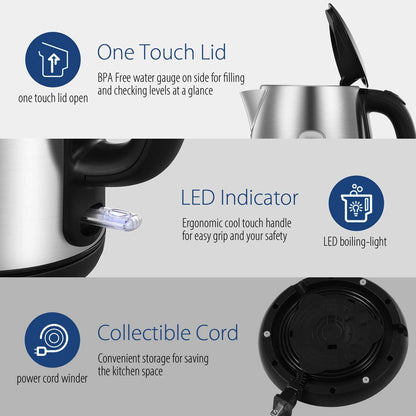 COMFEE' Stainless Steel Electric Kettle, Temperature Control with 6 Presets, 1-Hr Keep Warm, Kettle Water Boiler 1.7 Litres, 1500W with Viewing Window, Auto-Off and Boil-Dry Protection