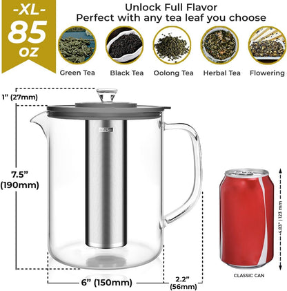 Aquach 68oz Glass Tea Pot with Infuser, Stovetop Safe Borosilicate Teapot | Dishwasher Safe, Plastic-free, Large Family Capacity, Easy-clean Opening, Loose Leaf Filter