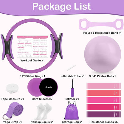 Hoedia Pilates Kit for Women, Pilates Equipment Ring and Ball Set with Resistance Bands, Yoga Strap, Core Sliders, Socks, Bag & Guide for Starter Home Workout Fitness Gym Essentials