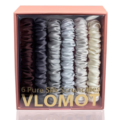 VLOMOT 6 Pcs Set 100% Pure Mulberry Silk Hair Scrunchies - 6 Chic Colors Everyday Skinny Scrunchies Silk Ponytail Holders - No Damage (Purple)