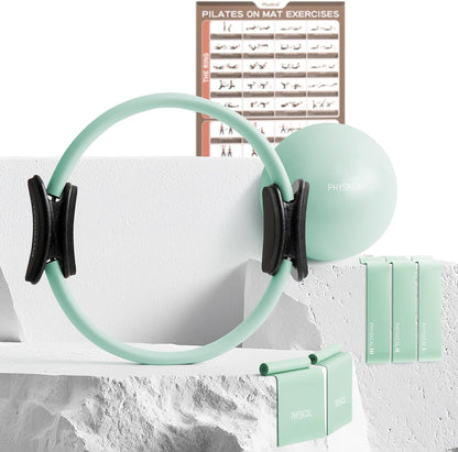 PhysKcal Pilates Kit, 15-Inch Pilates Ring with 1x Pilates Ball & 5X Bands | Aesthetic Home Pilates Equipment Set, Essential Kit for Beginners in Minimalist Style. Comes in Premium Packaging