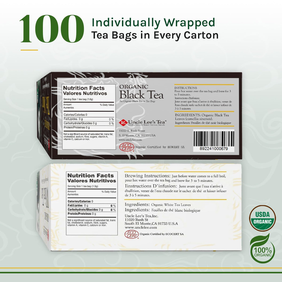 Uncle Lee's Organic White & Black Tea Variety 2-Pack – Premium Organic Tea, Smooth & Bold, Antioxidant-Rich, Delicious Hot or Iced, 100 Count Ea