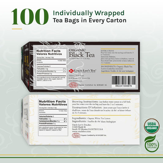 Uncle Lee's Organic White & Black Tea Variety 2-Pack – Premium Organic Tea, Smooth & Bold, Antioxidant-Rich, Delicious Hot or Iced, 100 Count Ea