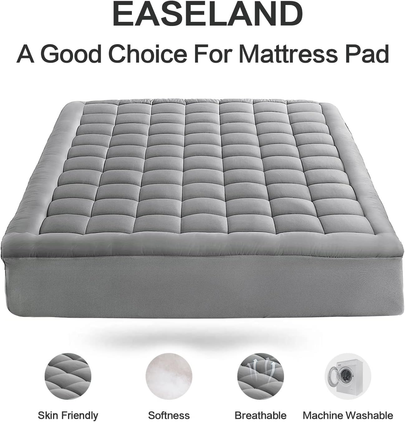 EASELAND Queen Size Mattress Pad Pillow Top Mattress Cover Quilted Fitted Mattress Protector Cotton Top Stretches up 8-21" Deep Pocket Cooling Mattress Topper (60x80 inch, White)