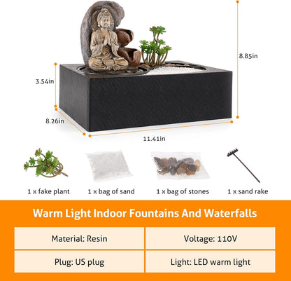 WICHEMI Tabletop Water Fountain Buddha Fountain Indoor with LED Light