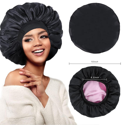 Silk Bonnet for Sleeping Double Layer Satin Bonnet Adjustable Bonnets for Black Women Sleep Cap Reversible Hair Bonnet for Curly Hair (Black and Purple)
