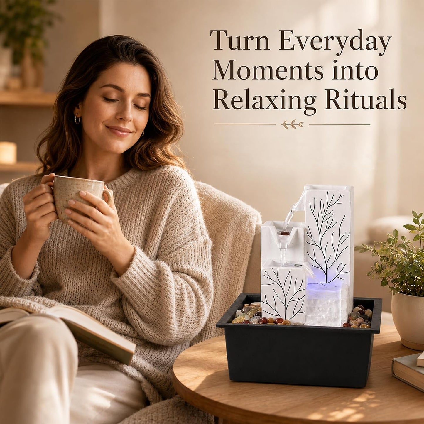 Tabletop Water Fountain Indoor, Soothing Stress Relief White Noise Waterfall Fountain, Relaxing Water Feature Home Decor, Ideal for Home Office Zen Meditation Room & Gifting