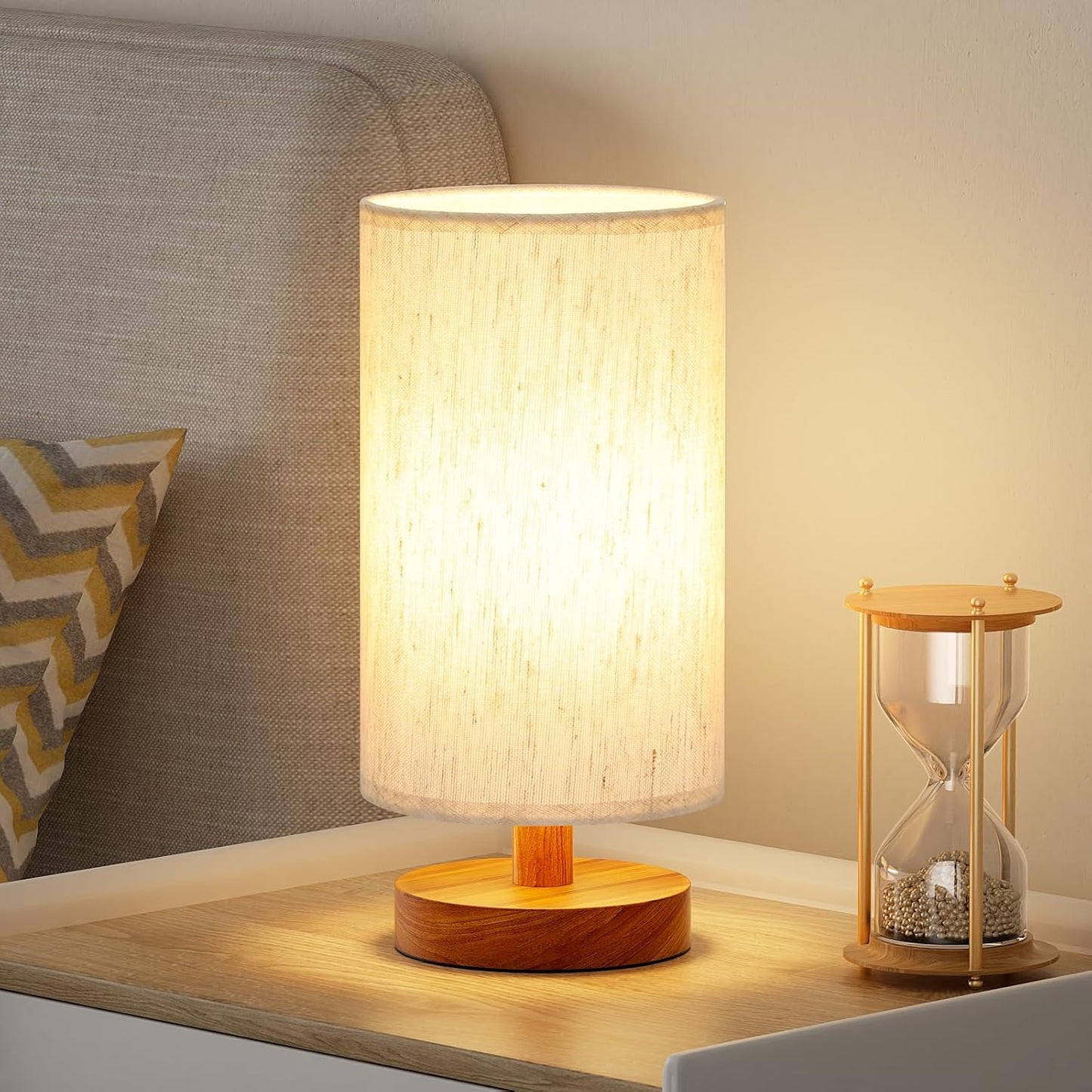 Fenmzee Small Table Lamp for Bedroom - Inline Control, Bedside Lamp with 3000K A15 LED Blub, Easy Assembly (Cream Shade - Wood Base, 9" Inline Control)