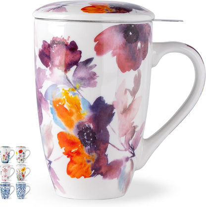 AmorArc 18oz Porcelain Tea Mug with Infuser & Lid, Loose Leaf Tea Cup with Stainless Steel Strainer, Large Coffee Mug Gift for Women, Tea Lovers, Home & Office
