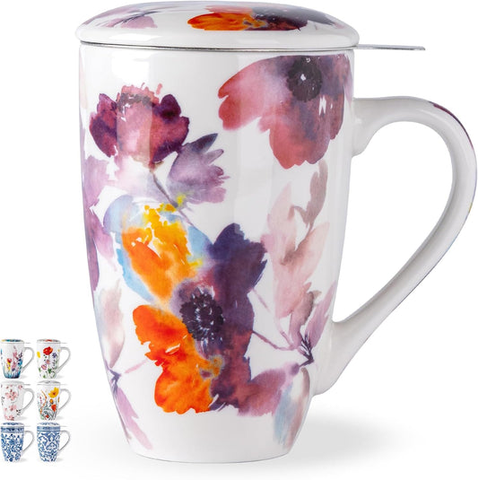 AmorArc 18oz Porcelain Tea Mug with Infuser & Lid, Loose Leaf Tea Cup with Stainless Steel Strainer, Large Coffee Mug Gift for Women, Tea Lovers, Home & Office