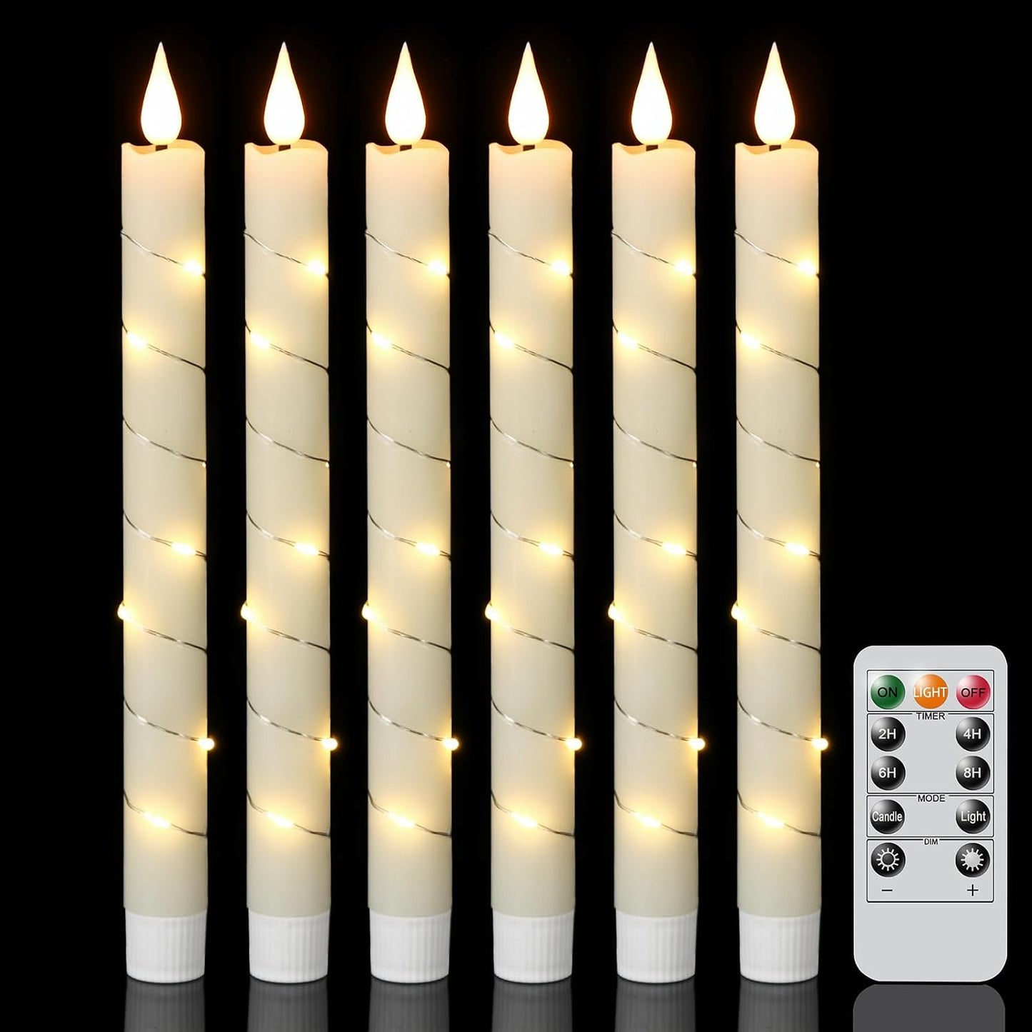 GenSwin Flameless Ivory Taper Candles Flickering with 10-Key Remote, Battery Operated Led Warm 3D Wick Light Window Candles Real Wax Pack of 6, Christmas Home Wedding Decor(0.78 X 9.64 Inch)