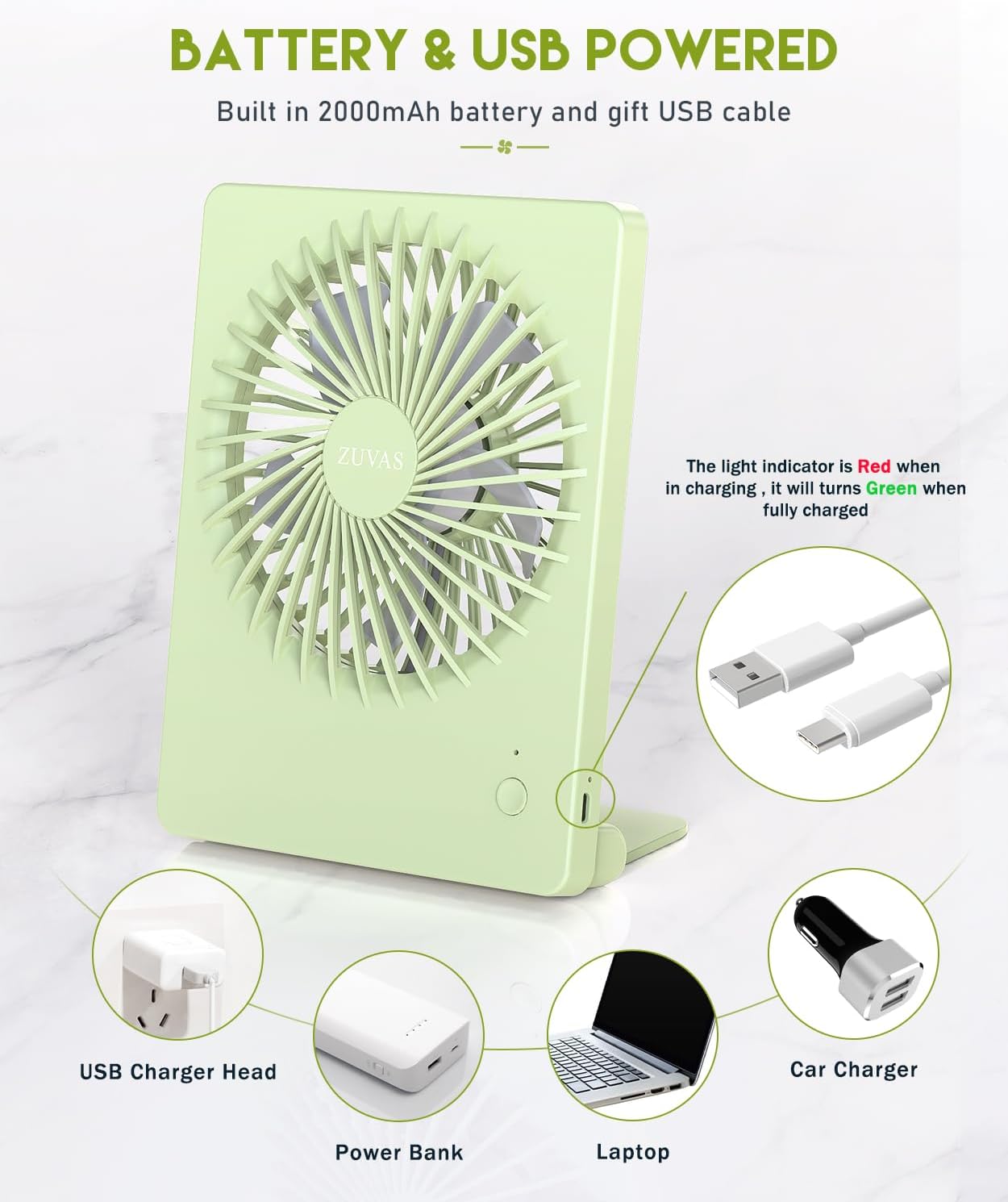 Zuvas Desk Fan Battery Operated Fan Rechargeable 180°Tilt Folding Personal Fan Ultra Quiet Small Portable 3 Speed Adjustable Strong Wind Fan For Office Bedroom Home Desktop Camping (White)