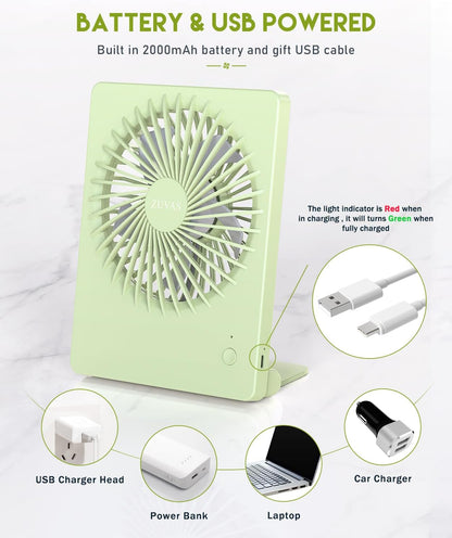 Zuvas Desk Fan Battery Operated Fan Rechargeable 180°Tilt Folding Personal Fan Ultra Quiet Small Portable 3 Speed Adjustable Strong Wind Fan For Office Bedroom Home Desktop Camping (White)