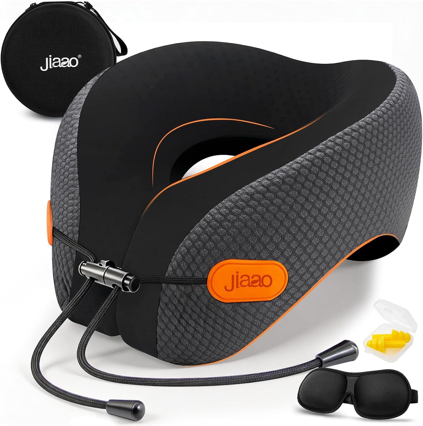 jiaao Travel Pillow Memory Foam Neck Pillow for Airplanes with Adjustable Neck Support, Includes Eye Mask, Earplugs & Storage Bag - Perfect for Flights, Road Trips, and Trains