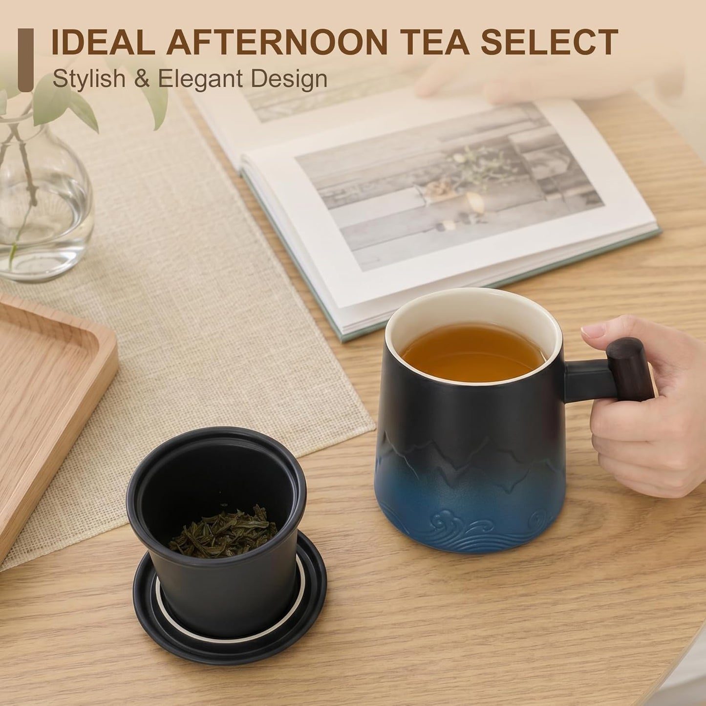 Tea Cup with Infuser and Lid, 14oz Ceramic Loose Leaf Tea Steeper Cup with Wood Handle and Cup Lid, Blue, Black
