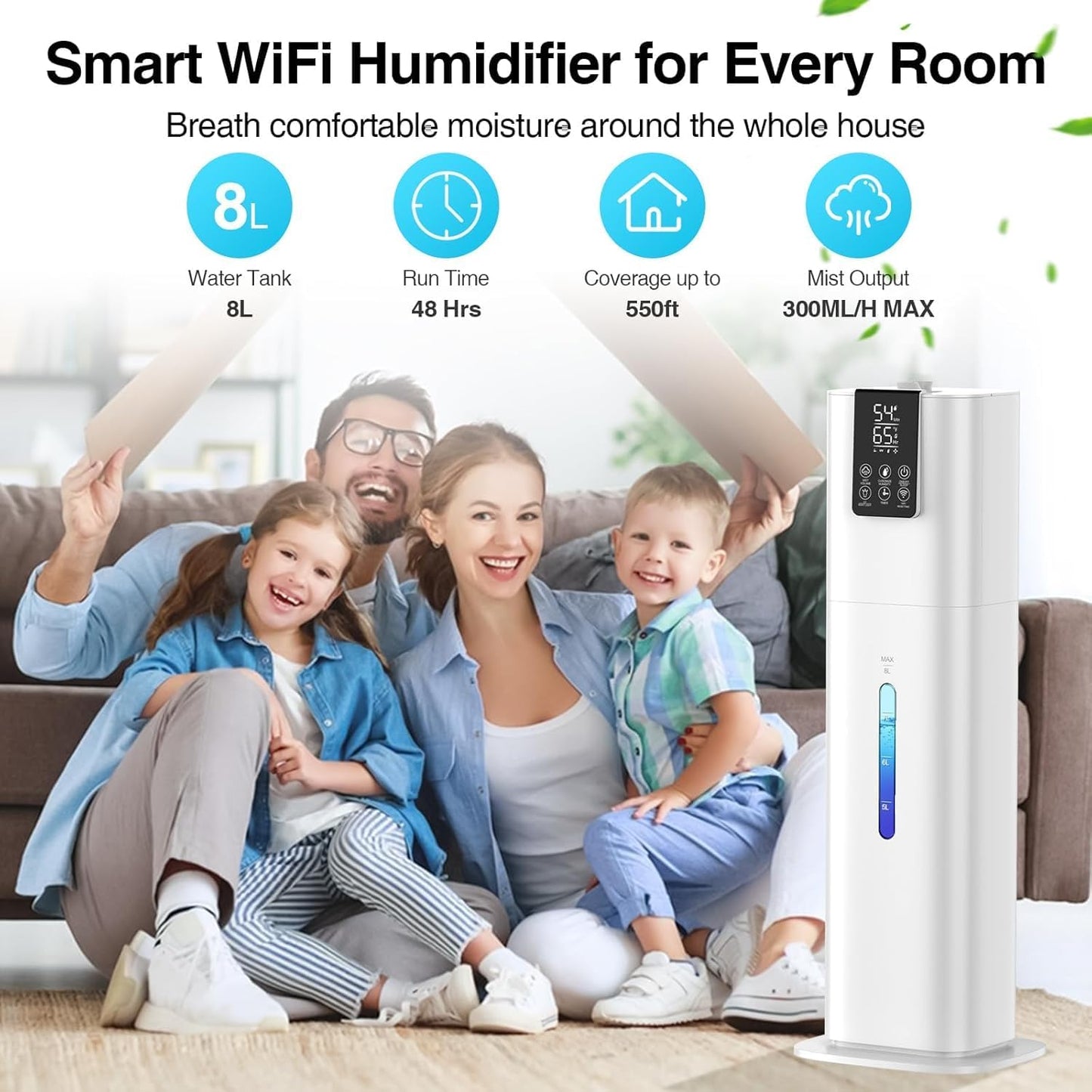 8L/2.1 Gal Smart Humidifier Large Room, Top Fill Cool Mist Humidifiers for Bedroom with App & Remote Control, Night Light, 24H Timer, Aroma Box & 360° Nozzles, Humidifier for Home, Office & Plants