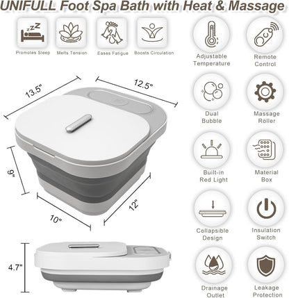UNIFULL Collapsible Foot Spa Bath with Heat and Massage Rollers, Bubble, Foot Pedicure Kit, Temperature Control, Red Light, Pedicure Foot Spa, Foot Bath