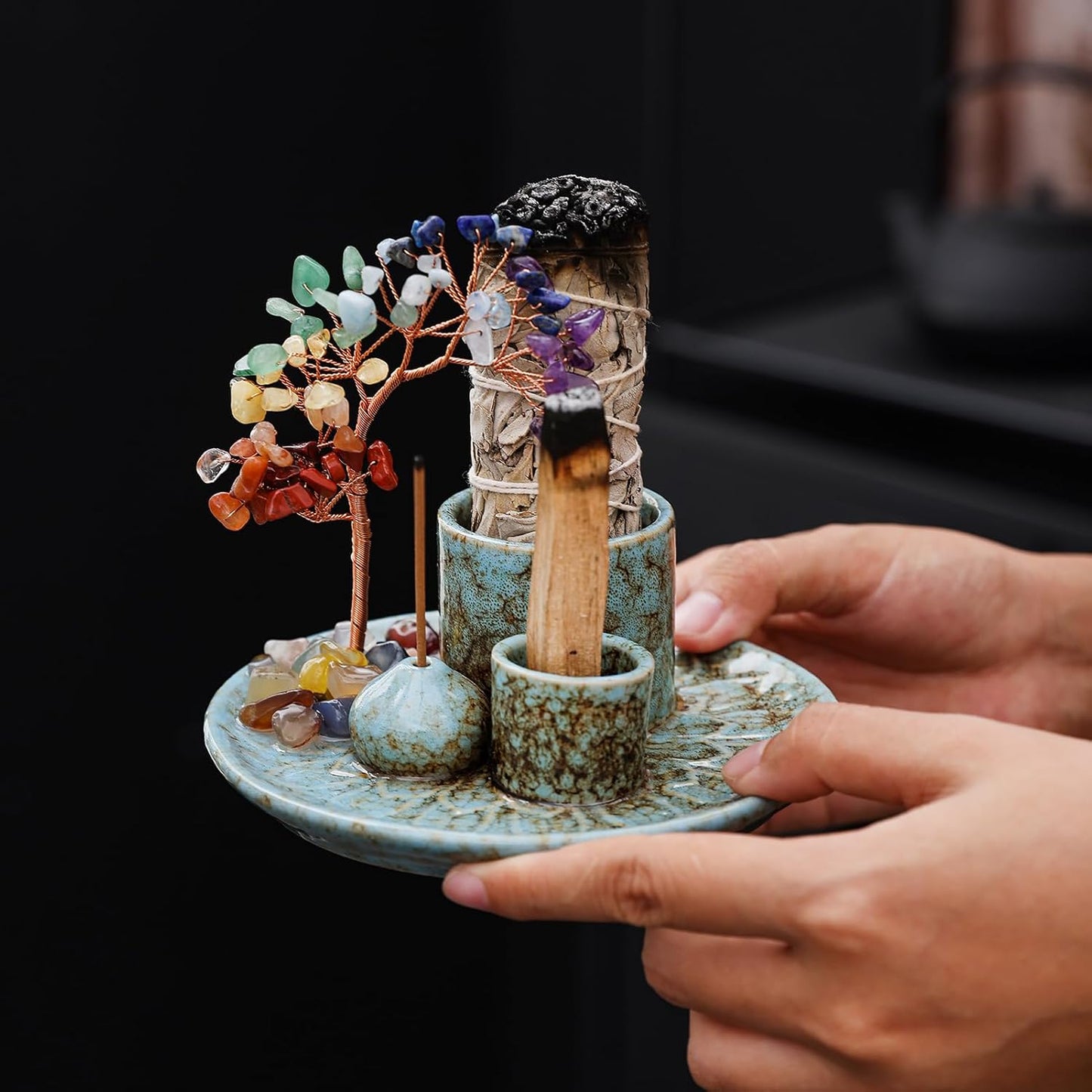 5 in 1 Incense Burner Holder with Crystal Healing Tree, Palo Santo Holder, Sage Holder, Incense Holder for Sticks/Cones/Candles, Ceramic Tray Ash Catcher for Burning Incense, Meditation Gift