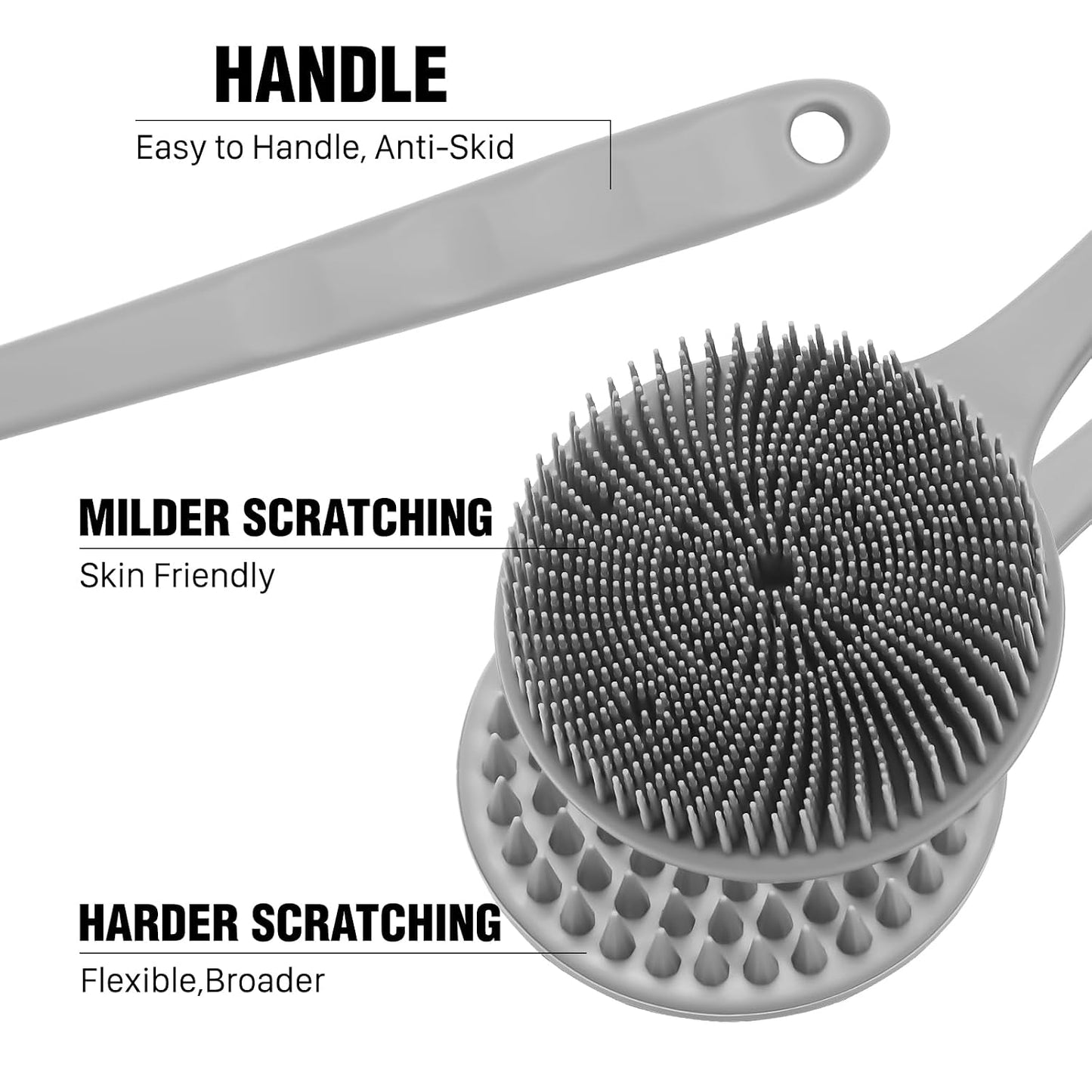 Silicone Body Scrubber for Shower Men Women – Dual-Sided Exfoliating & Massage Shower Brush with Long Handle, Creates Rich Lather, Includes 1 Hook & 2 Lather Balls (Black).