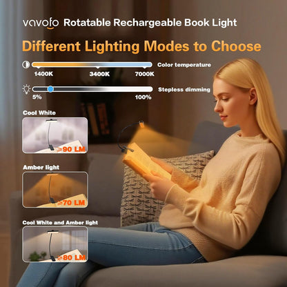 VAVOFO 24 LEDs Rotatable Book Light, Rechargeable Clip Reading Lamp