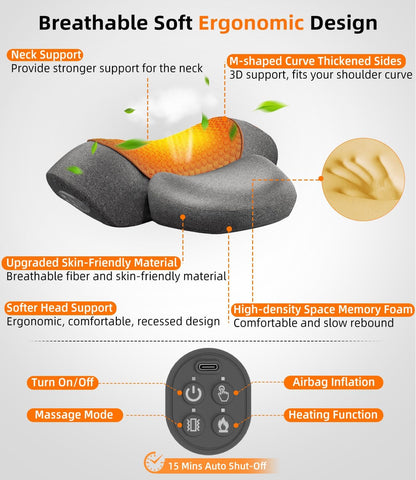 Upalled Cordless Heated Neck Massager Pillow for Pain Relief Deep Tissue, 3-in-1 Rechargeable Neck Cervical Traction Device with Heat, Massage, Electric Stretch, Ergonomic Shoulder Relaxer,Grey
