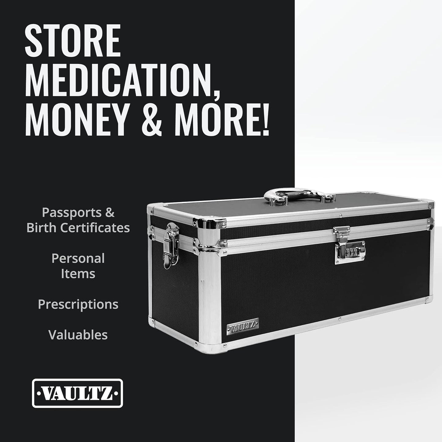 Vaultz Secure Security Lock Boxes - Safe Combination Lock Box, Storage for Documents, Valuables, Medicine & Money - 9.88 x 7.75 x 7 Inch - Black/Chrome