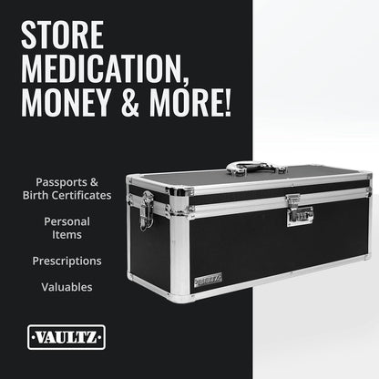 Vaultz Secure Security Lock Boxes - Safe Combination Lock Box, Storage for Documents, Valuables, Medicine & Money - 9.88 x 7.75 x 7 Inch - Black/Chrome