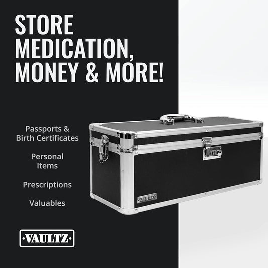 Vaultz Secure Security Lock Boxes - Safe Combination Lock Box, Storage for Documents, Valuables, Medicine & Money - 9.88 x 7.75 x 7 Inch - Black/Chrome