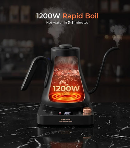 Epeios Electric Kettle, Gooseneck Electric Kettle with ±1°F Temperature Control, 1200W Rapid Heating for Pour Over Coffee & Tea, 304 Stainless Steel Interior, Auto Shut-Off, 0.9L, Black