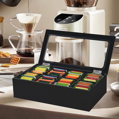 Tasybox Tea Bag Organizer, Acrylic Tea Box with Lid, Black Teabag Holder