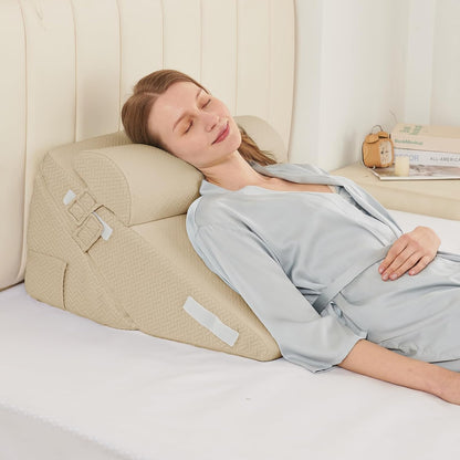 Sasttie Wedge Pillow Set for After Surgery, 2PCS Adjustable Bed Wedge Pillow Headboard with Memory Foam Neck Cushion – for Acid Reflux, Sleeping, Neck & Back Support, Dark Grey & White