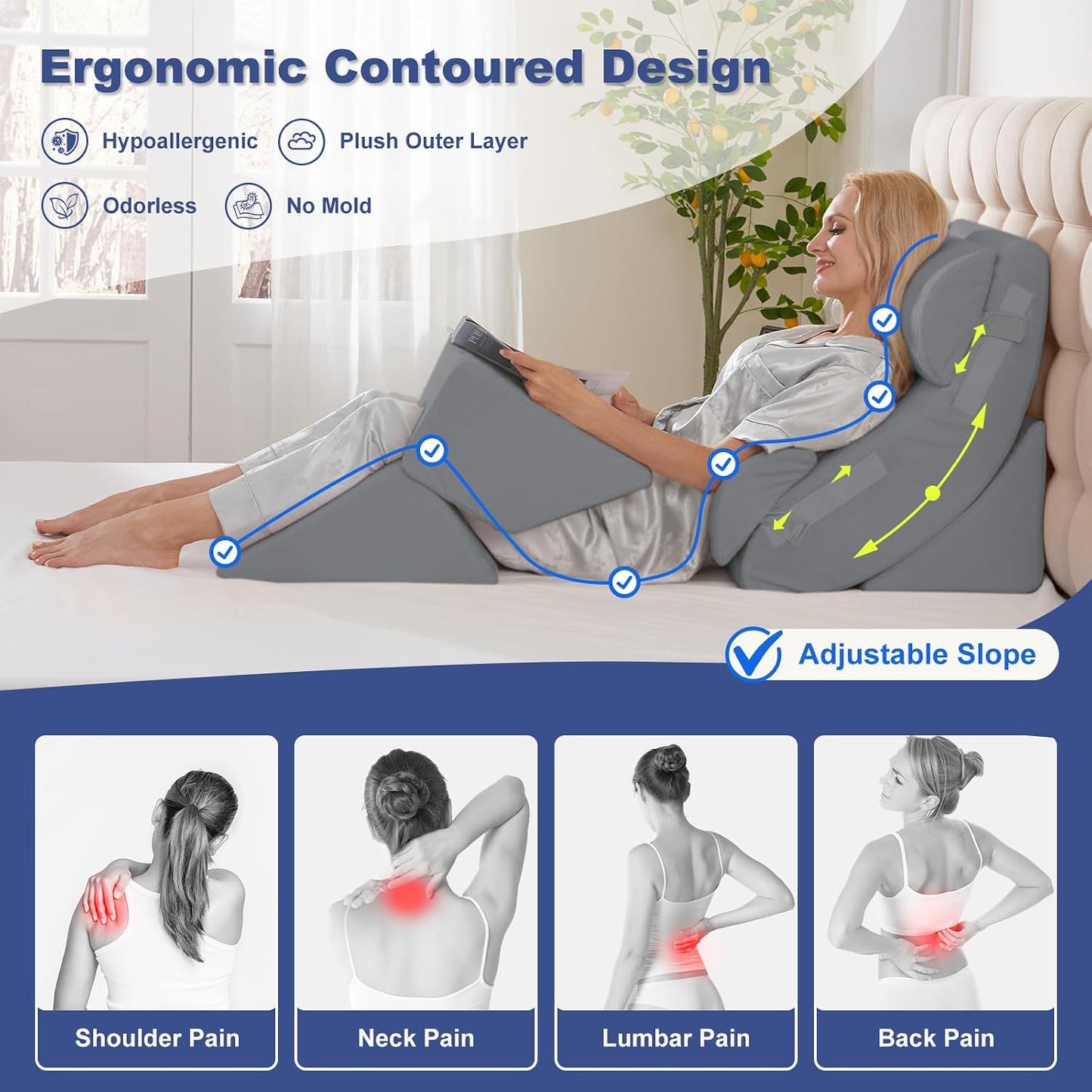 4PCS Orthopedic Bed Wedge Pillow Set for Sleeping, Post Surgery Foam Support Pillows for Back, Neck and Leg Pain Relief, Adjustable Triangle Pillow – Acid Reflux, GERD & Snoring Recovery, White Grey