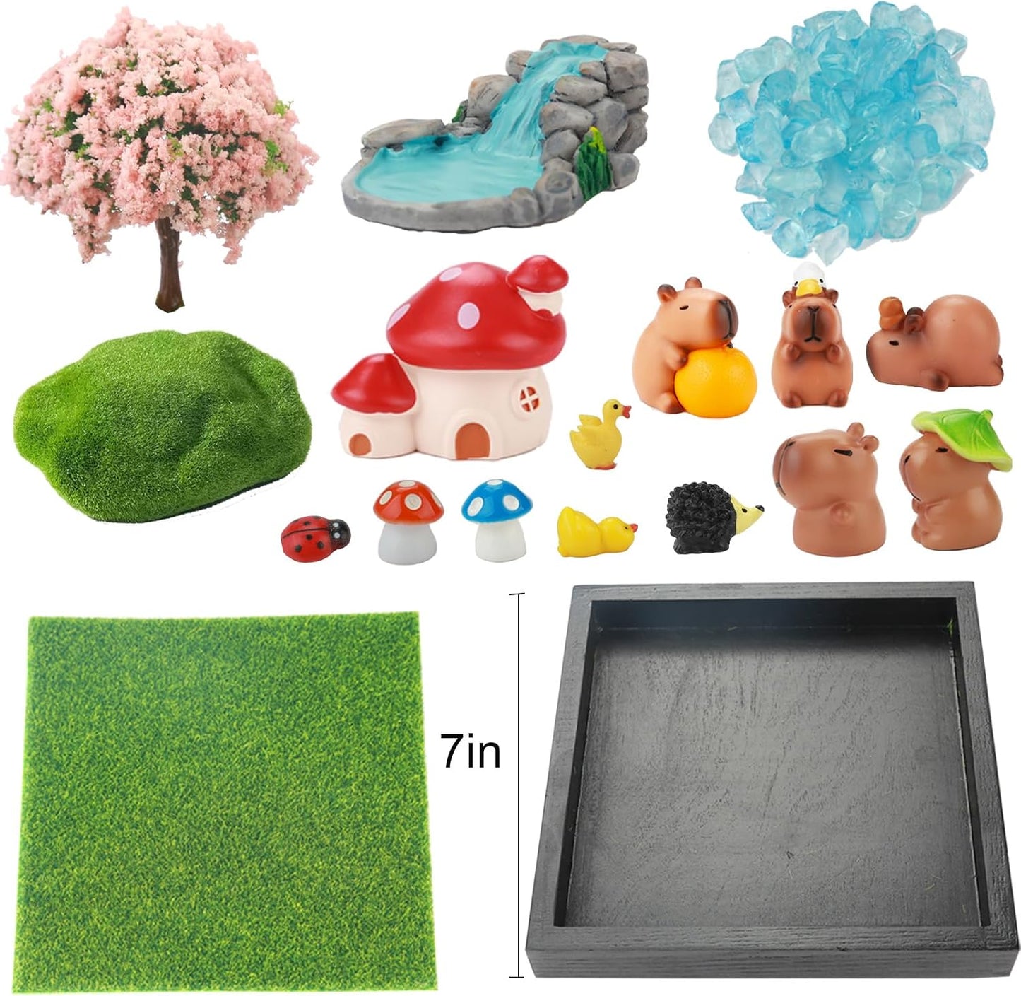 Dreamgirnh 18Pcs Capybara Fairy Zen Mini Garden Kit, 7In Wood Tray Desk Decor