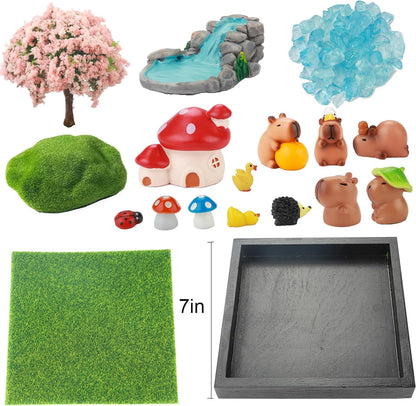 Dreamgirnh 18Pcs Capybara Fairy Zen Mini Garden Kit, 7In Wood Tray Desk Decor