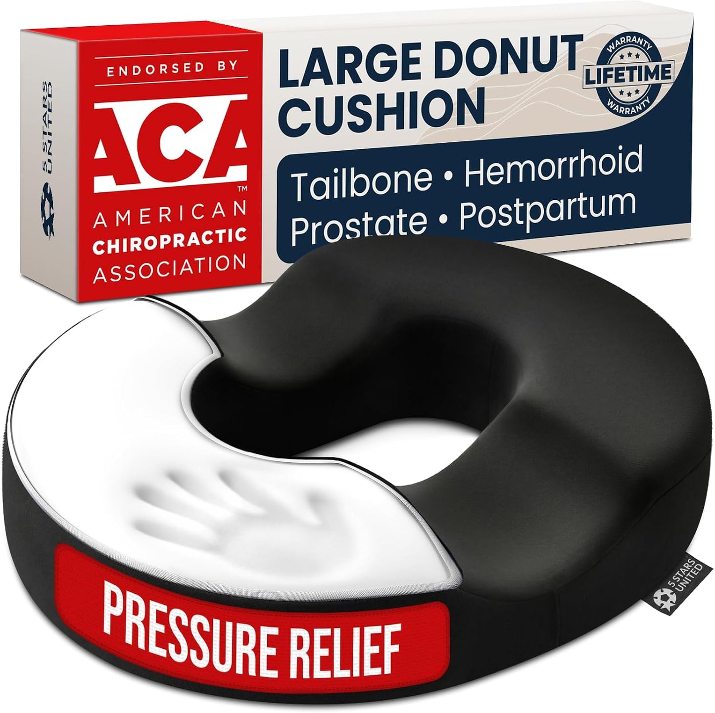 5 STARS UNITED Donut Pillow for Tailbone Pain & Hemorrhoids – Large Memory Foam Seat Cushion for Bed Sore-Prone Areas & Pressure Relief – Prostate, Postpartum & Pregnancy Support, Black Mesh Cover