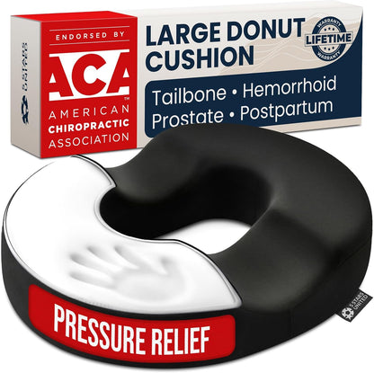 5 STARS UNITED Donut Pillow for Tailbone Pain & Hemorrhoids – Large Memory Foam Seat Cushion for Bed Sore-Prone Areas & Pressure Relief – Prostate, Postpartum & Pregnancy Support, Black Mesh Cover