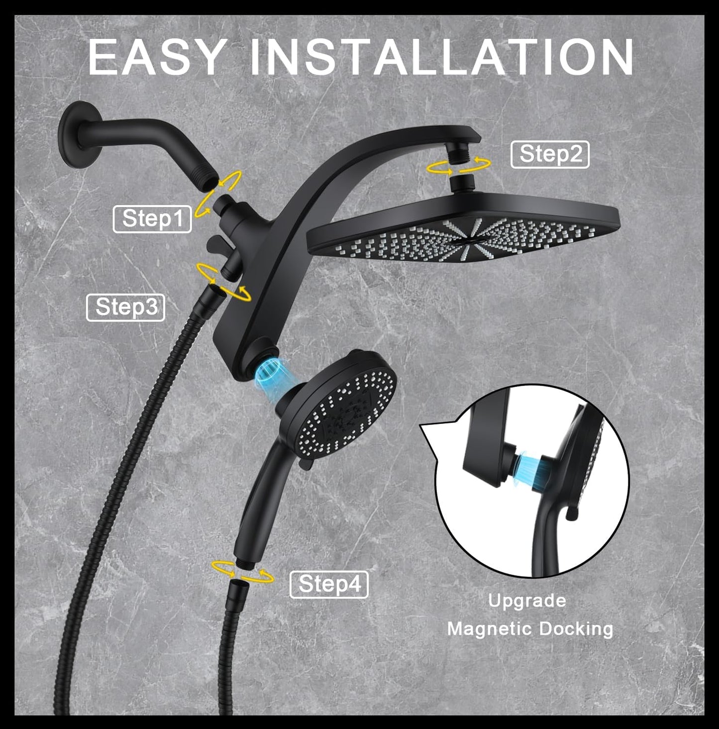 BOZYBO Rain Shower Head with Handheld: High Pressure Shower Heads with Handheld Spray Combo, 12" Rainfall Shower Head and 9 Sprays Hand Showerheads with Magnetic Docking and Power Jets, Black 1.75GPM