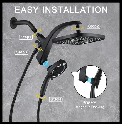 BOZYBO Rain Shower Head with Handheld: High Pressure Shower Heads with Handheld Spray Combo, 12" Rainfall Shower Head and 9 Sprays Hand Showerheads with Magnetic Docking and Power Jets, Black 1.75GPM