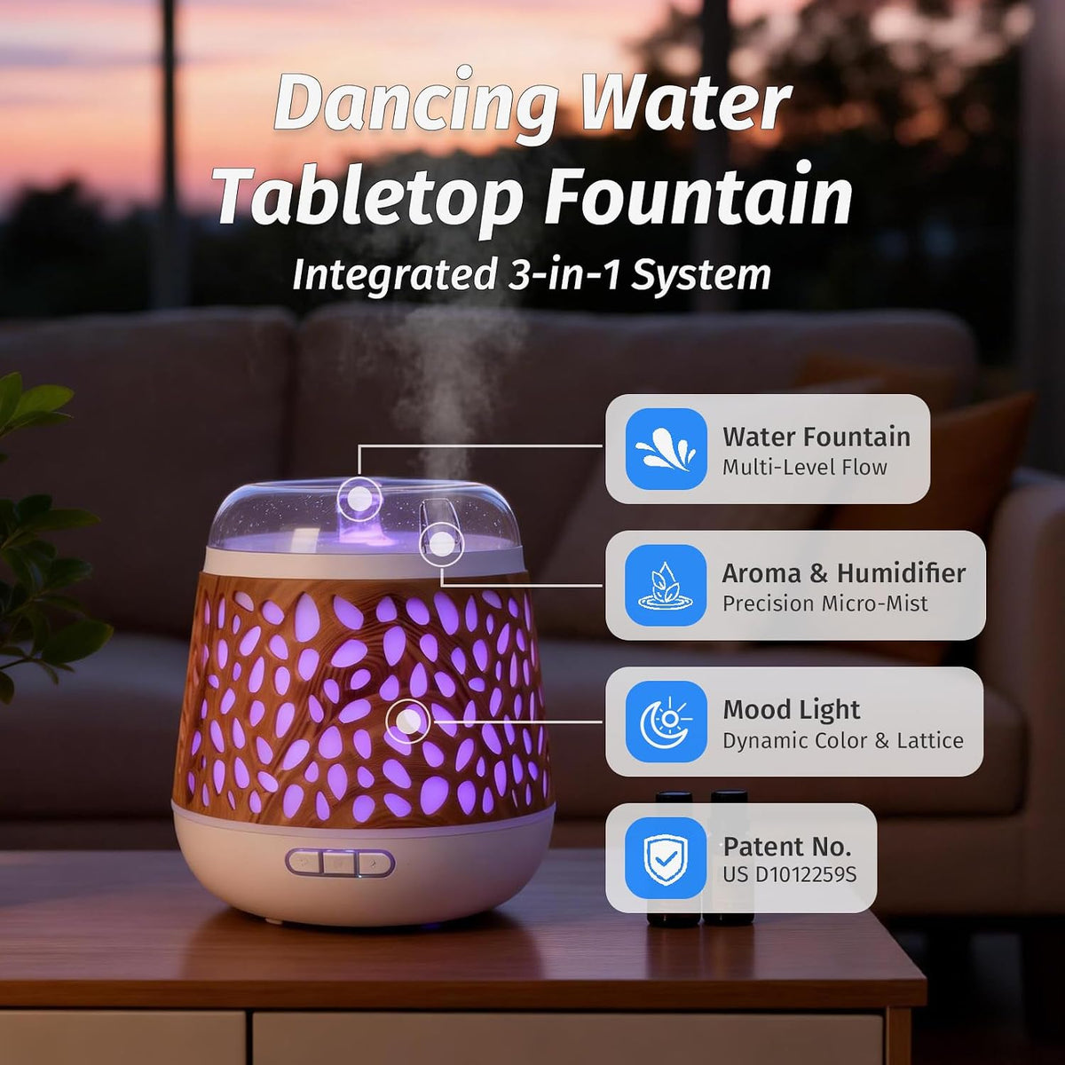 Weljoy Patented Dancing Water Fountain, Desktop Zen Decor & Light (Light Wood Grain)