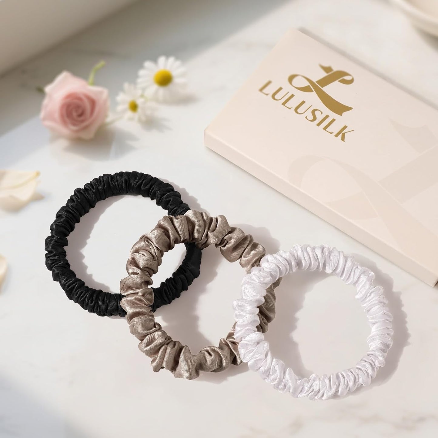 LULUSILK Small Silk Hair Ties No Damage, 100% Real Mulberry Silk, Skinny Scrunchies Ponytail Holders for Thin Fine Hair, Brown, Pack of 3