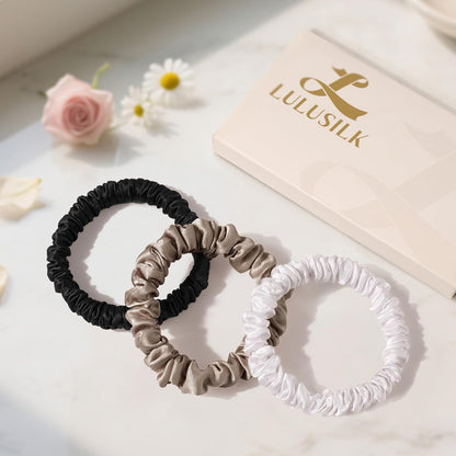 LULUSILK Small Silk Hair Ties No Damage, 100% Real Mulberry Silk, Skinny Scrunchies Ponytail Holders for Thin Fine Hair, Brown, Pack of 3