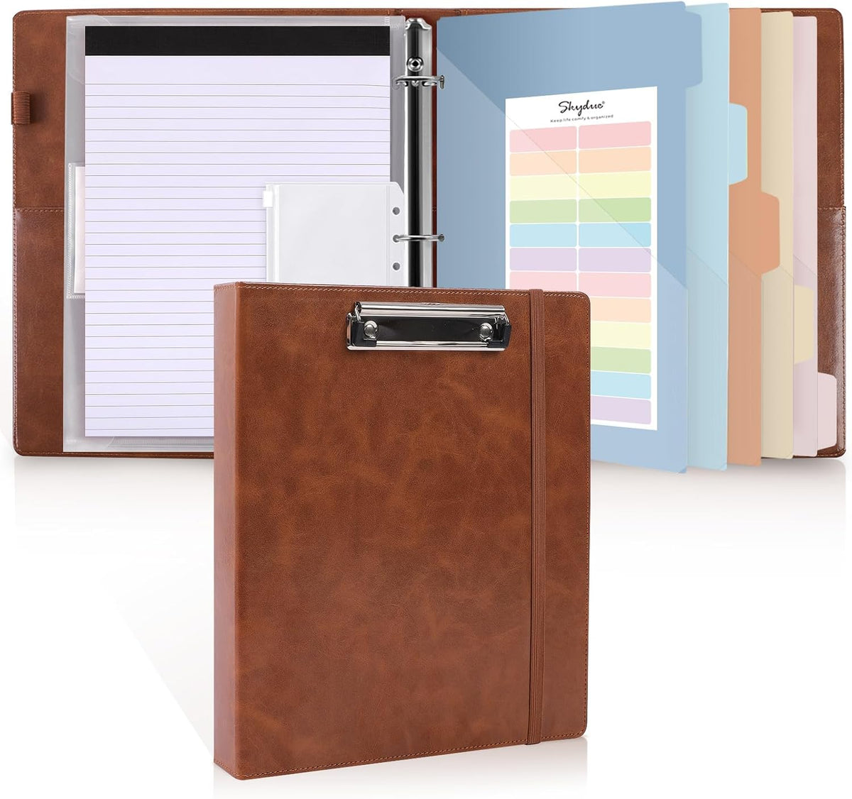 SKYDUE 3 Ring Binder with Clipboard, 13.2" × 10.2" Faux Leather 1 Inch Binder Organizer with 5 Pocket Dividers, Notepad, Labels & 2 Storage Pockets for Teachers, Students, Nurses & Office Work