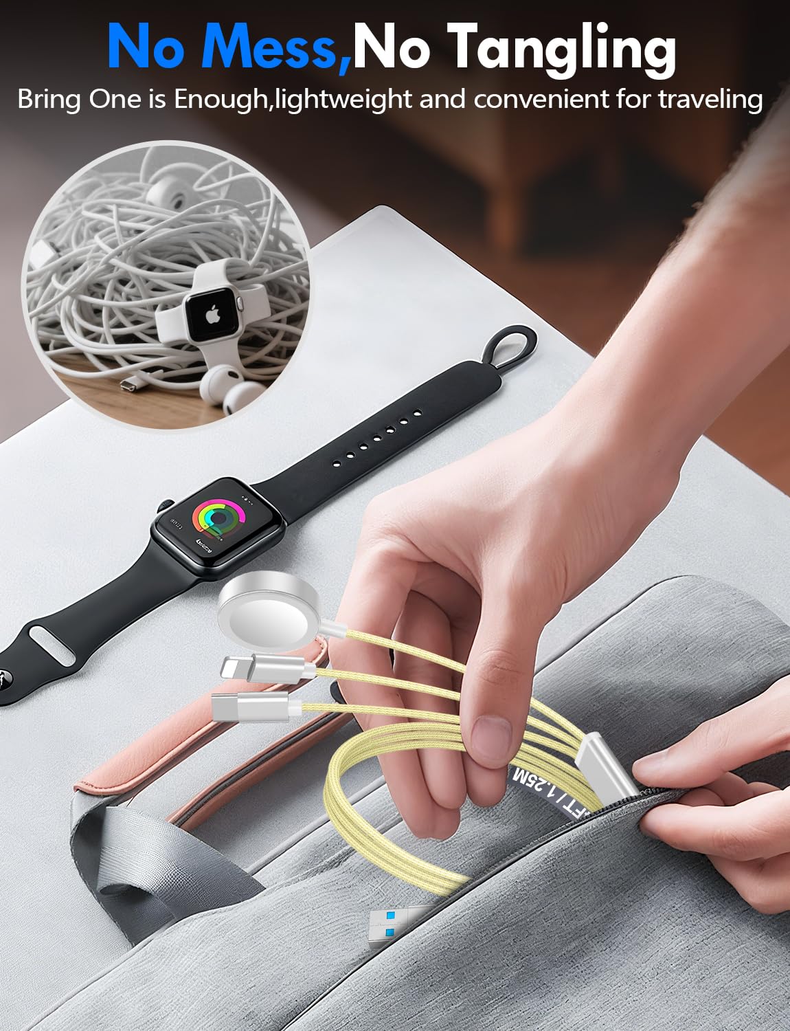 Travel Essentials for Apple Watch Charger,3-in-2 Multi Charging Cable