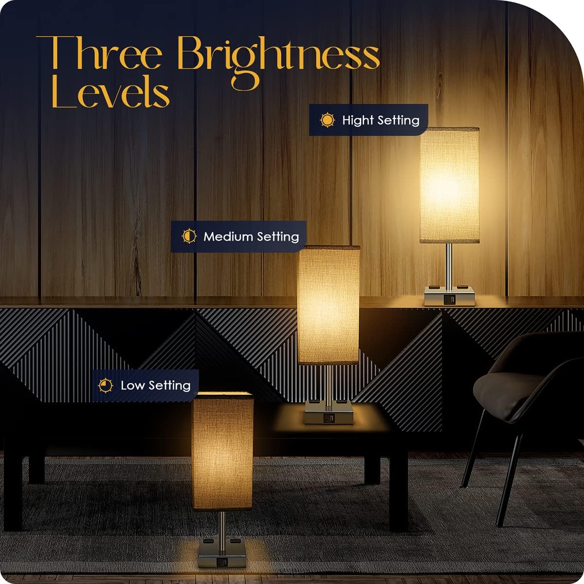 Bedside Table Lamp for Bedroom - Touch Small Lamp with USB C+A Charging Ports & AC Outlets, 3 Way Dimmable Nightstand Light for Living Room (LED Bulb Included, Grey)