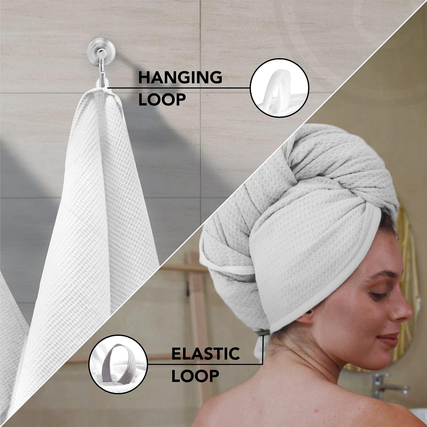 Microfiber Hair Wrap for Women - Extra Large 45 x 25 Quick-Dry Towel, Anti-Frizz, Breathable, Waffle Knit, Elastic Loop for Wet, Curly & Straight Styles - Grey - Microfiber Hair Towel