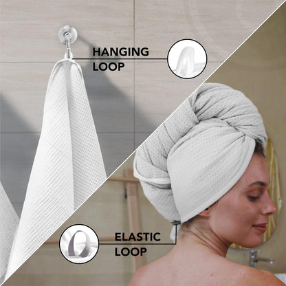 Microfiber Hair Wrap for Women - Extra Large 45 x 25 Quick-Dry Towel, Anti-Frizz, Breathable, Waffle Knit, Elastic Loop for Wet, Curly & Straight Styles - Grey - Microfiber Hair Towel